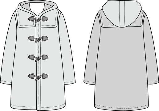 CAD drawing flat vector illustration of hooded duffle coat, toggle closure, structured outerwear, front and back views, winter garment layout, fashion sketch, clothing design template