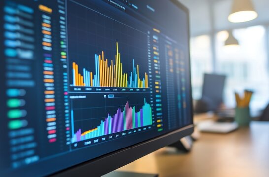 Close-up of monitor displaying colorful graphs and keyword data for search