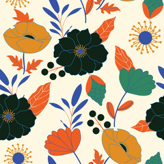 Exotic hand drawn flowers, seamless patterns with flowers and leaves