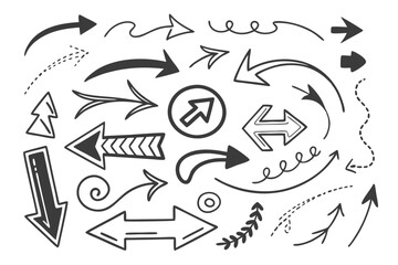 Fototapeta premium Hand-Drawn Arrows Set in Vector Sketch Style Featuring Circular and Swirled Black Designs for Infographic Charts, UI Navigation Layouts, and Presentation Templates.