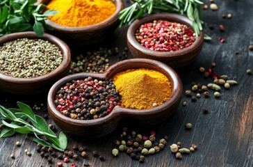 Fototapeta premium Collection of bright spices in ceramic bowls with scattered herbs on a