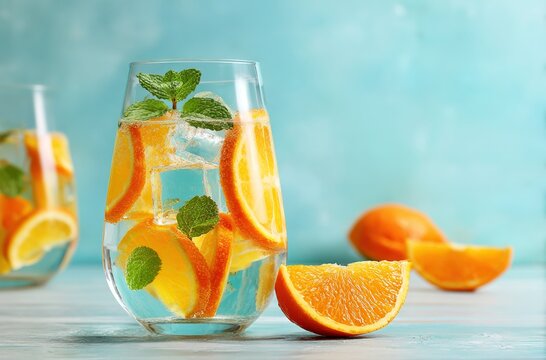 Oranges detox water with sliced orange, ice cubes, green mint in misted wineglass on pastel blue background, white wood board. High quality