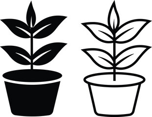 Black bush potted plant flat, line icon set. Silhouette growing home plant, seedling for decorating interior with nature, planting with cultivation in vectors garden. Symbol of growth, freshness, eco.