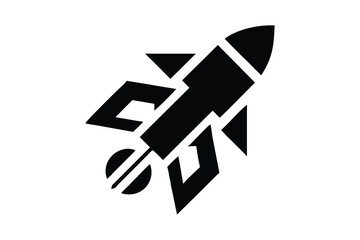 Abstract stylized black rocket launching upwards, dynamic motion graphic, innovative technology concept, futuristic design, powerful speed and progress, vector illustration, isolated on white backgrou