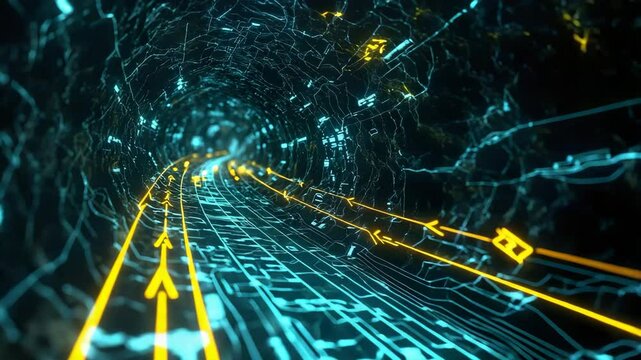 Location detection in 3D tunnel map system with glowing arrows and wireframe routes guiding path through layered underground structure