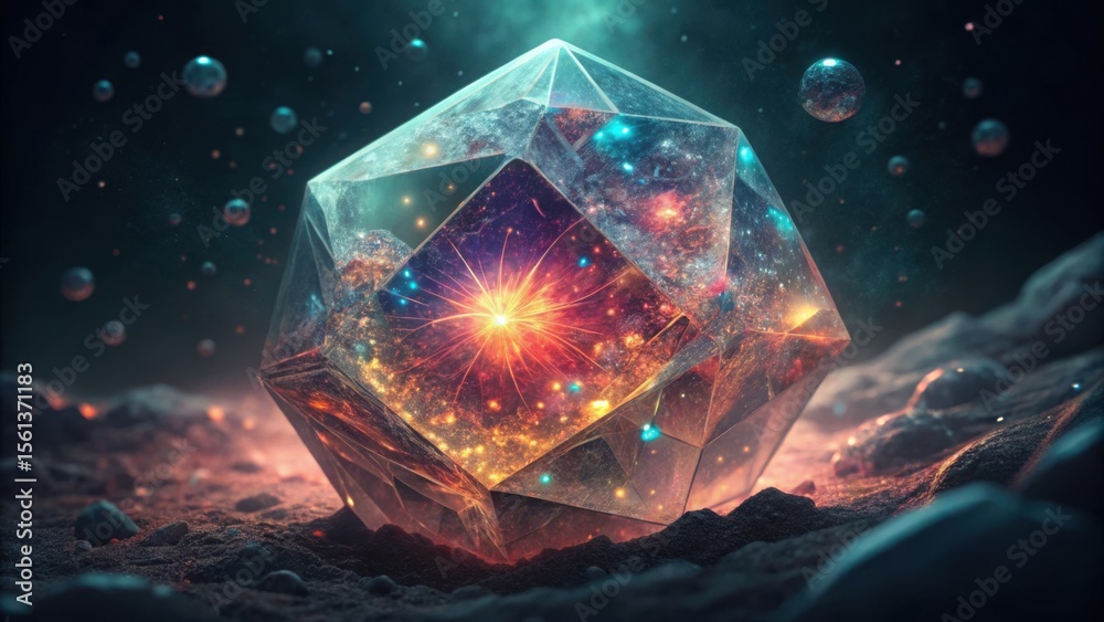 Poster Glowing Crystal Macro with Sparkling Particles and Cosmic Elements