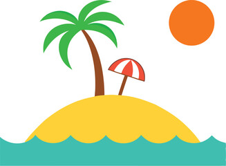 A vibrant cartoon illustration of a tropical island with a palm tree beach umbrella and sun set against a turquoise ocean isolated on transparent background