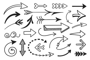 Sketchy Hand-Drawn Arrows in Vector Format Featuring Circular and Curved Black Designs for UI Navigation Templates, Infographic Projects, and Presentation Graphics.

