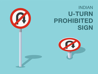 Traffic regulation rules. Isolated indian "u-turn prohibited" road sign. Front and top view. Flat vector illustration template.