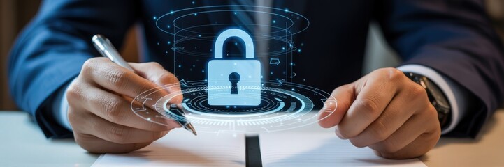 Businessman signs document with a digital lock graphic overlay.