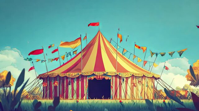 Whimsical Circus Tent with Flags in a Dreamlike Landscape
