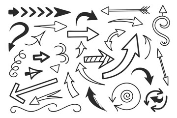 Hand-Drawn Vector Arrows Featuring Looped and Curved Black Sketch Icons for Infographic Templates, Navigation UI Graphics, and Presentation Design Layouts.

