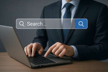 Digital Search: A sharp dressed individual, immersed in the digital realm, uses a laptop, overlaid with a search bar, in a focused pursuit of information and knowledge. 