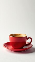 Fototapeta premium Bright red mug, latte art, coffee, white backdrop, hot drink, background, delicious