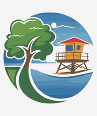 Tranquil Park and Beach Logo with Lifeguard Tower and Boats
