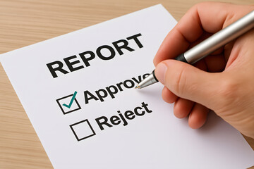 Report Approval: A close-up shot of a hand meticulously marking 'Approved' on a crucial report, signifying a pivotal decision. The pen rests poised, ready to ink the path forward.