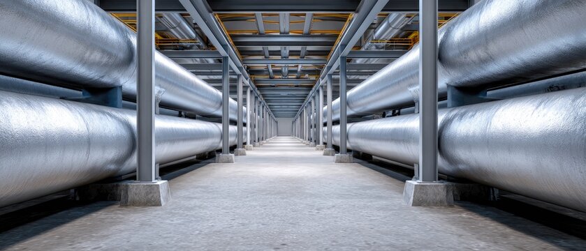 Industrial corridor with large metallic insulated pipes running parallel along the walls in a clean, modern facility.