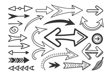 Hand-Drawn Arrow Set Featuring Circular and Zigzag Icons in Black Vector Sketch Style for UI Navigation Charts, Infographic Layouts, and Presentation Templates.

