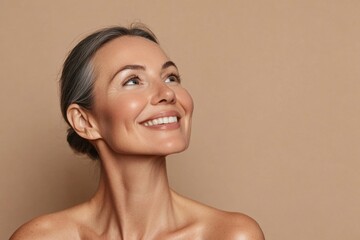 Elegant woman smiling and looking upwards, showcasing natural beauty and confidence. Generated AI