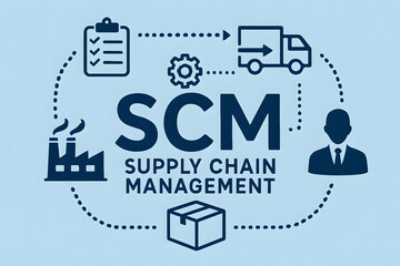 Supply Chain Management Concept:  A streamlined infographic illustrating the key components of Supply Chain Management (SCM), including production, logistics, and delivery.