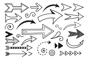 Vector Collection of Hand-Drawn Arrows in Sketch Style Featuring Curved, Circular, and Zigzag Black Designs for Infographics, Navigation UI, and Presentation Graphics.

