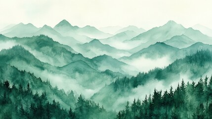 Watercolor of landscape forest misty mountains horizon and fog and hills,pine tree fir tree,Autumn forest background,drawn by hand,Autumn illustration design elements for landscape,wallpaper.