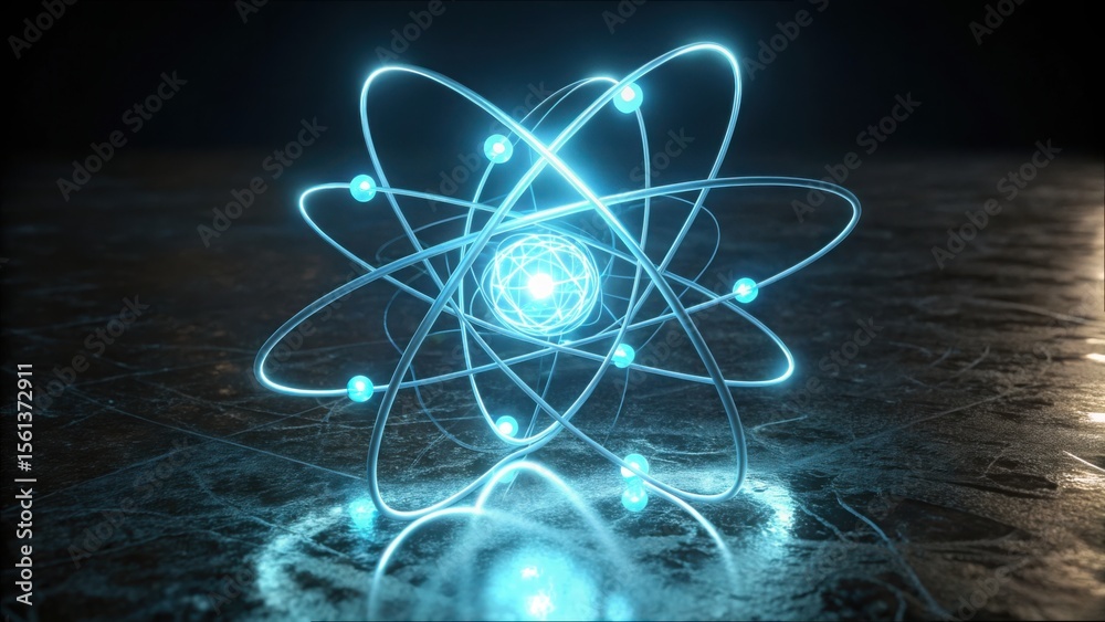 Poster glowing atom model with entangled photons and reflective surface