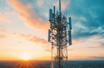 Elevated outdoor broadband signal tower with modern 5G modules and