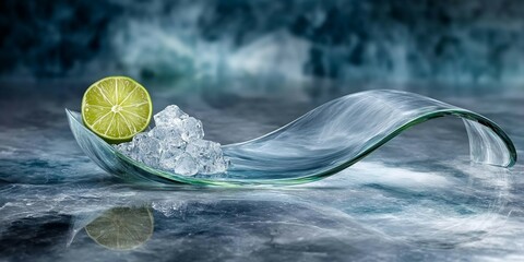 Sliced lime with ice cubes on a curved glass stand, reflected on an icy surface