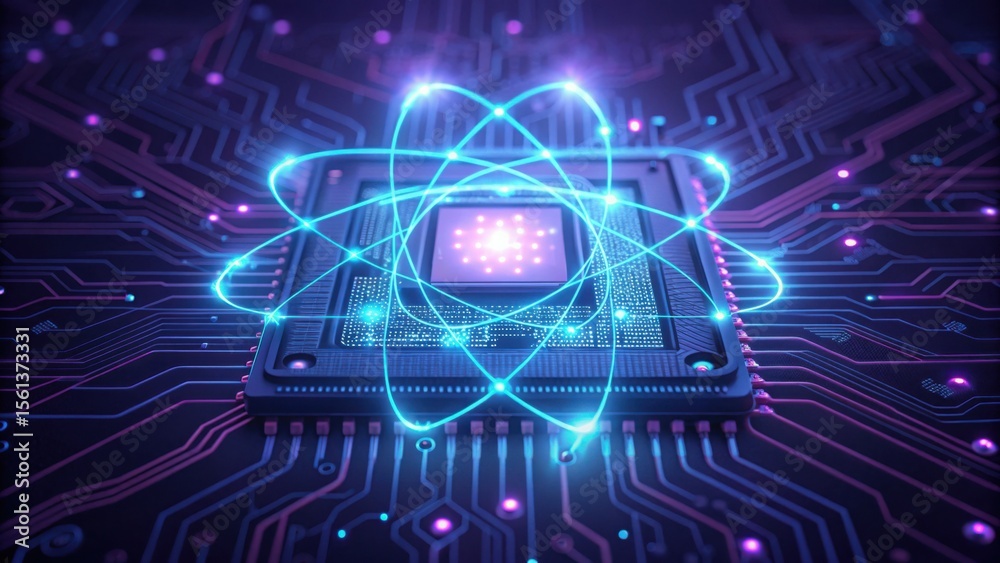 Aufkleber Close-Up View of Microchip with Photon Visualization and Movement Effects