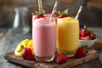 creamy strawberry mango and vanilla shakes, delicious drinks for summer. High quality