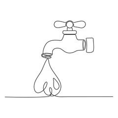 Continuous line water tap faucet sink bathroom and kitchen equipment household domestic sketch drawing editable stroke vector illustration simple faucet line art