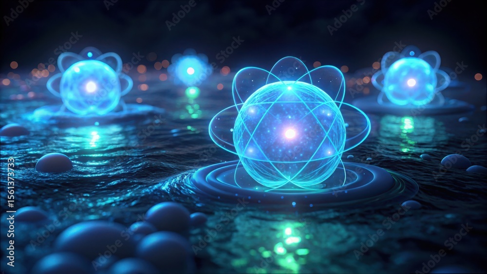 Poster Quantum Particles Floating in Dark Liquid with Ethereal Glow Effects