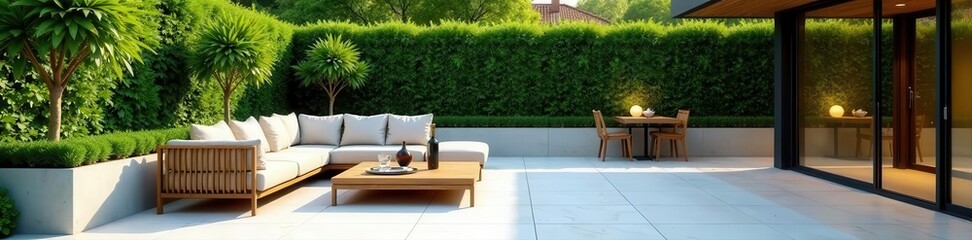 Fototapeta premium Sleek patio furniture, lush greenery, clear glass panels , leaves, garden decor