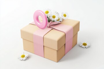 Beige gift box with pink ribbon daisies and pink donut. Gift box with female symbol and daisies on white background, 3D Rendering.