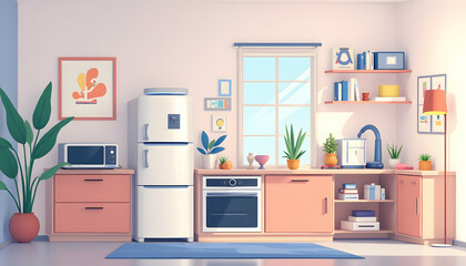 Stylized Kitchen Interior with Appliances and Decorations