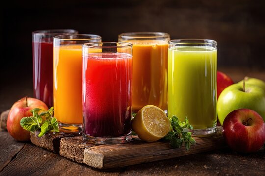 Various juices arranged on a wooden table, perfect for showcasing a refreshing drink. Ideal for food and beverage promotions. High quality