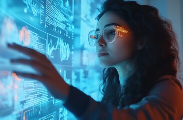 Focused woman analyzing futuristic digital interfaces on transparent