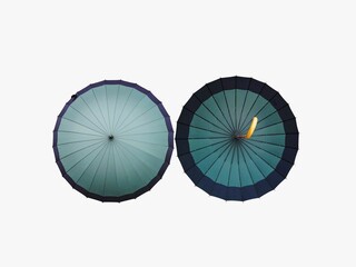 The white background in the picture is a pastel green plastic umbrella with a black edge. The umbrella frame is made of black iron and the handle is cream colored. It is used to open the umbrella.