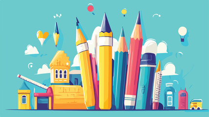 Creative Cartoon Pencil Writing School Design Vector Illustration