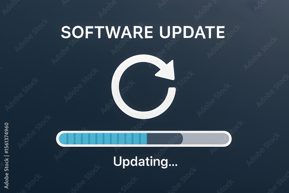 Poster software update progress: a sleek software update screen displays a progress bar moving steadily tow