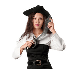 Beautiful young Asian woman dressed as pirate with sword isolated on white background