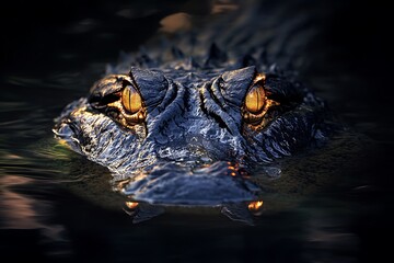 Obraz premium Crocodile hunting in swampy waters wildlife photography dark and mysterious environment close-up perspective
