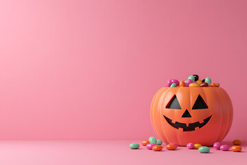 Fototapeta premium Orange halloween pumpkin filled with colorful candies on a pink background