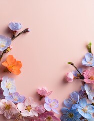 Top view of cherry flowers in pastel color ( lilac,blue and coral) on pale pink background with copy space. Generated image