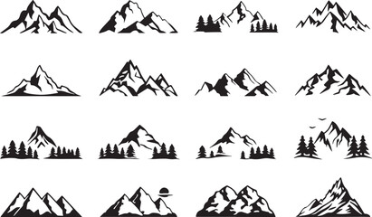 Obraz premium Realistic Mountain Line Art – Vector Peaks with Trees, Cabins, and Scenic Background for Travel and Adventure Themes