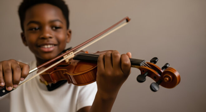 Smiling young boy learning to play the violin, concentrating on finger placement while practicing a musical instrument indoors