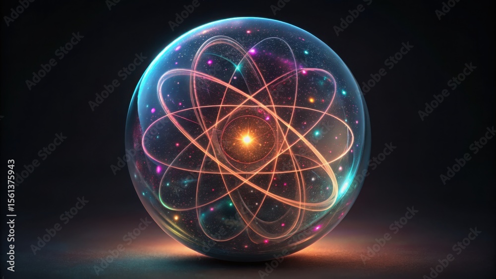 Aufkleber Glass Sphere with Neon Lines and Cosmic Elements in Dark Background