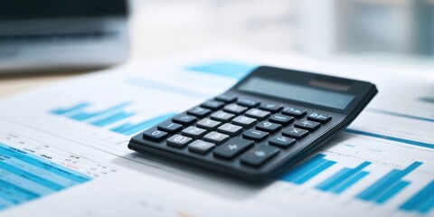 The calculator resting on financial reports and charts for business analysis