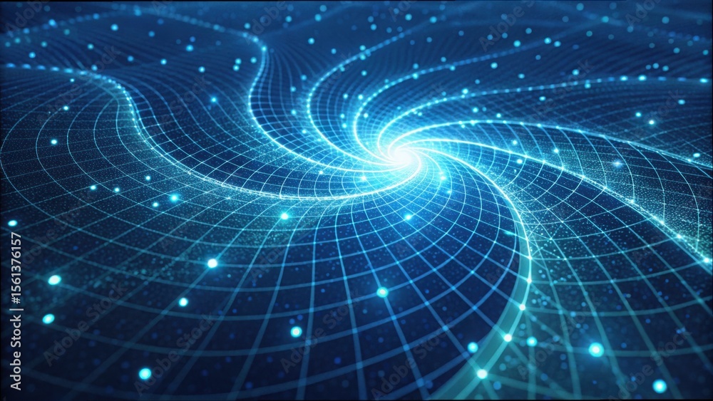 Poster blue quantum grid with glowing particles in waves and vivid colors